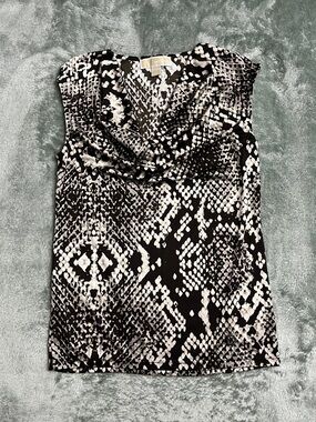 Michael Kors Black and White Snake-Print Cowl Neck Top